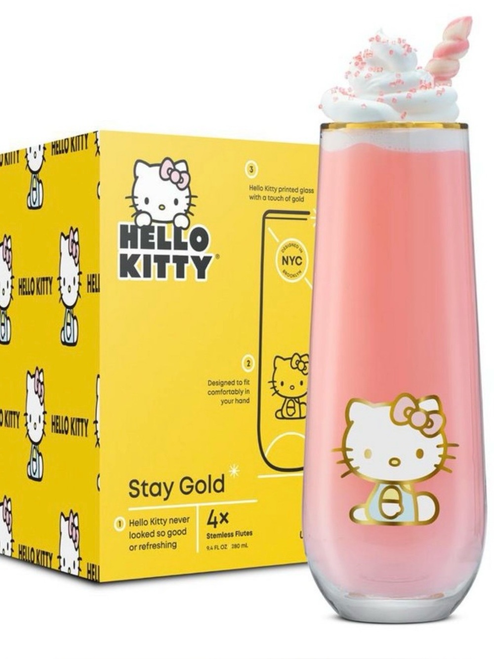 JoyJolt Hello Kitty Stay Gold Stemless Flutes, 9.4oz Drinking Glasses Set of 4,